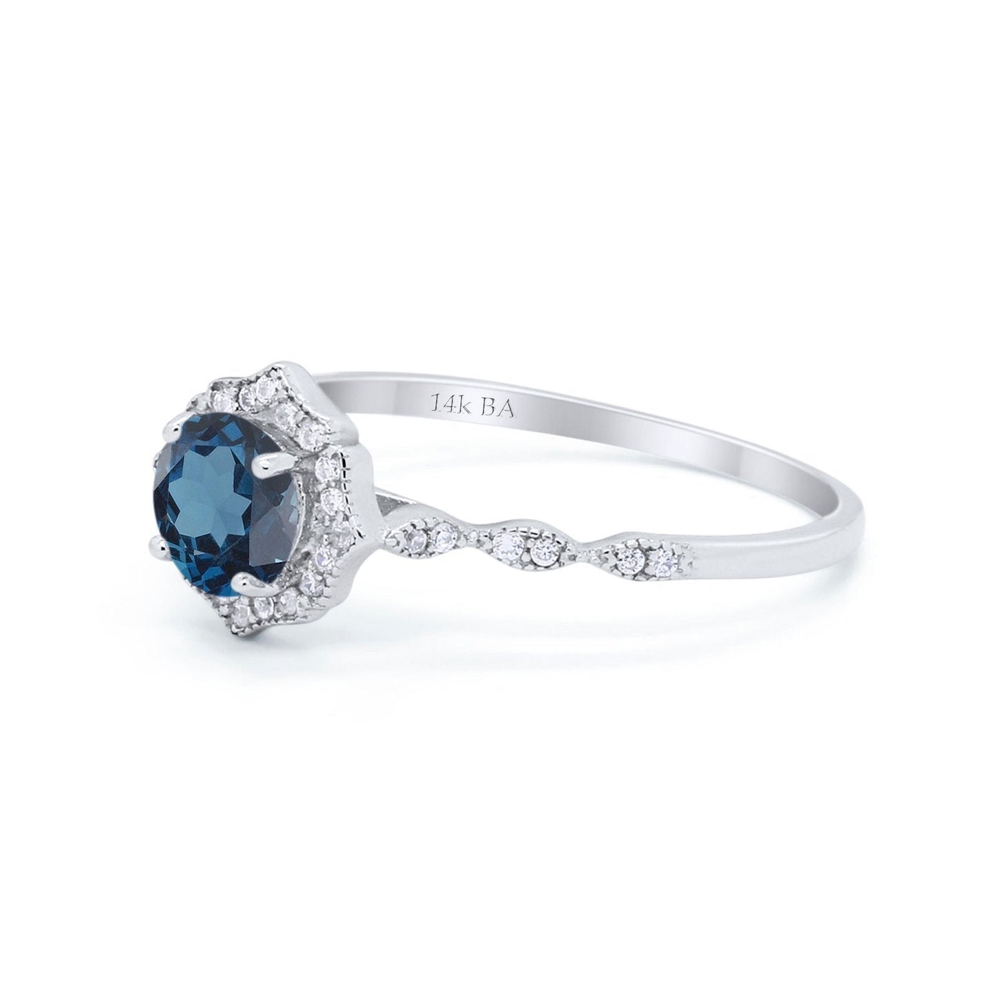 14K White Gold 0.99ct Round Petite Dainty 6mm G SI London Blue Topaz Diamond Engagement Wedding Ring Size 6.5