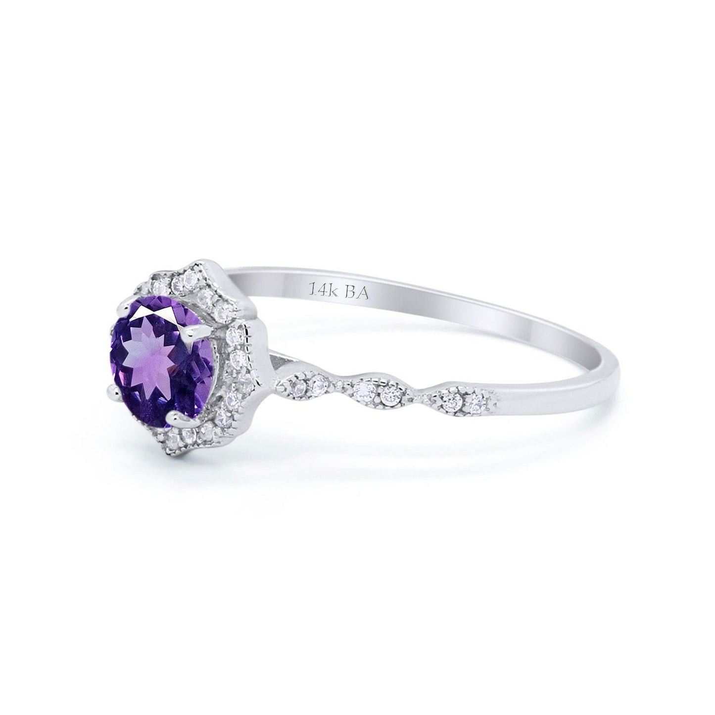 14K White Gold 0.99ct Round Petite Dainty 6mm G SI Natural Amethyst Diamond Engagement Wedding Ring Size 6.5