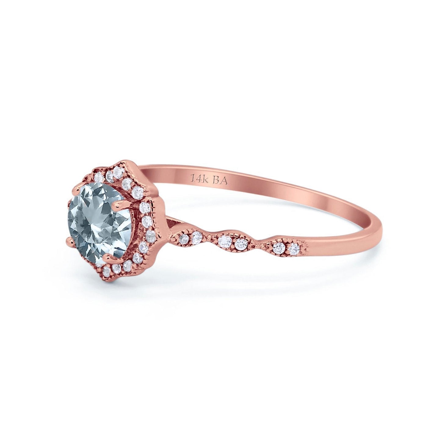 14K Rose Gold 0.99ct Round Petite Dainty 6mm G SI Natural Aquamarine Diamond Engagement Wedding Ring Size 6.5