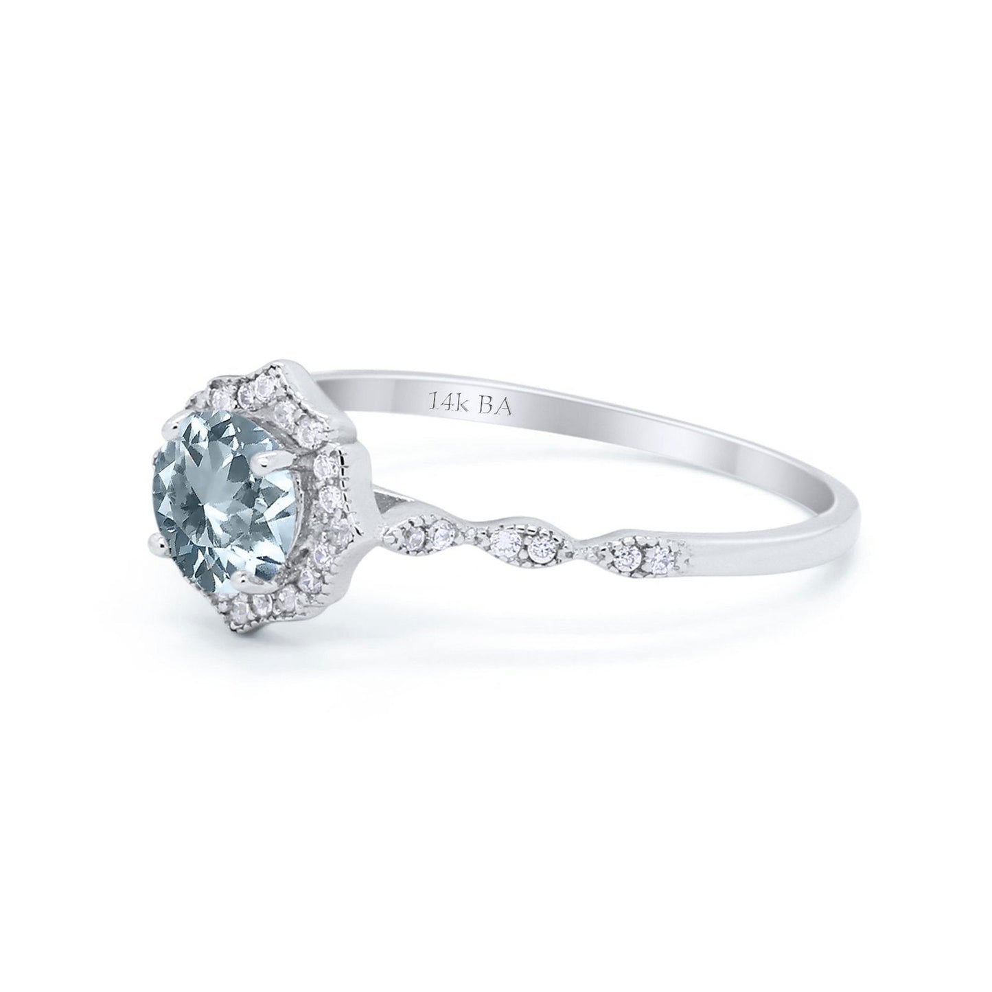 14K White Gold 0.99ct Round Petite Dainty 6mm G SI Natural Aquamarine Diamond Engagement Wedding Ring Size 6.5