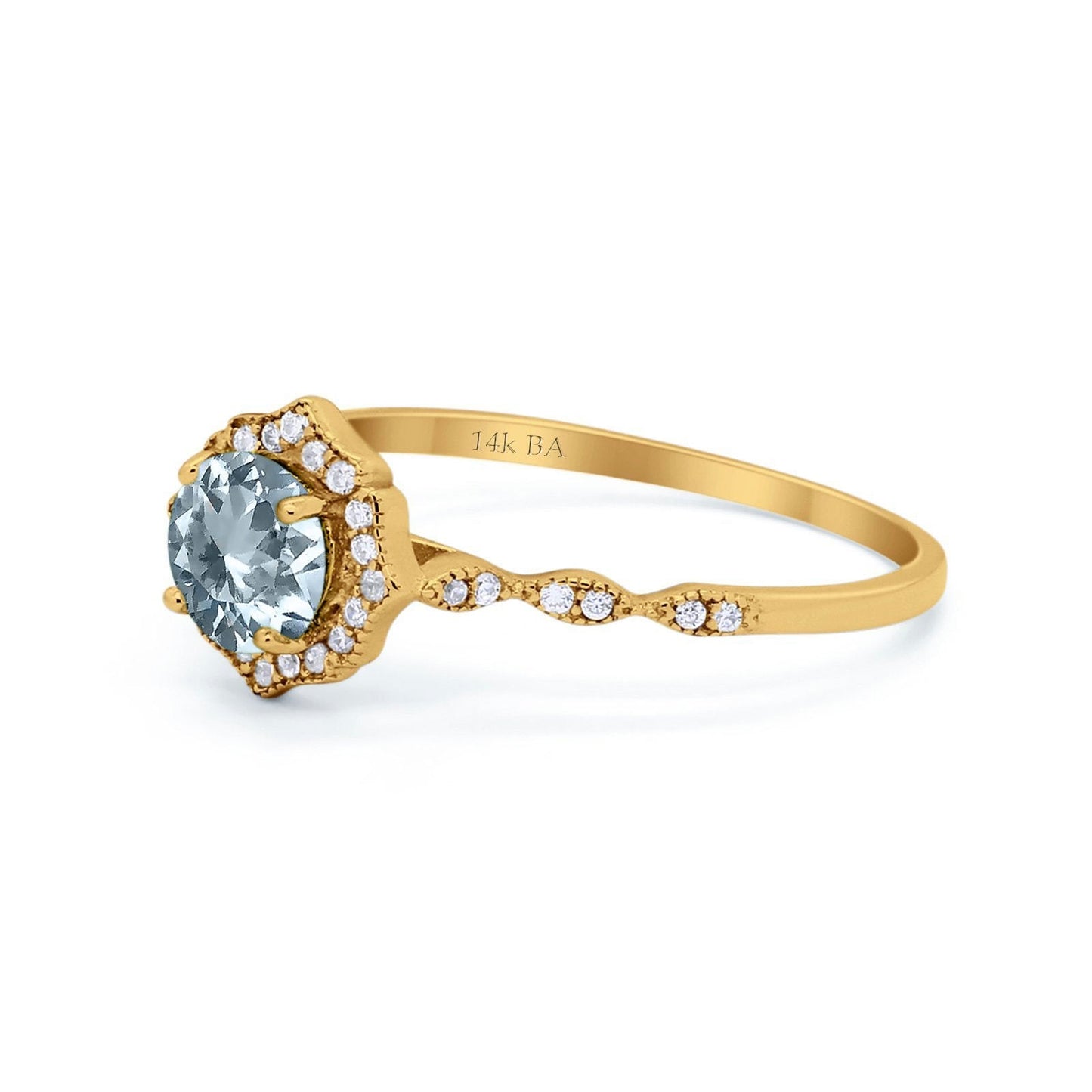 14K Yellow Gold 0.99ct Round Petite Dainty 6mm G SI Natural Aquamarine Diamond Engagement Wedding Ring Size 6.5