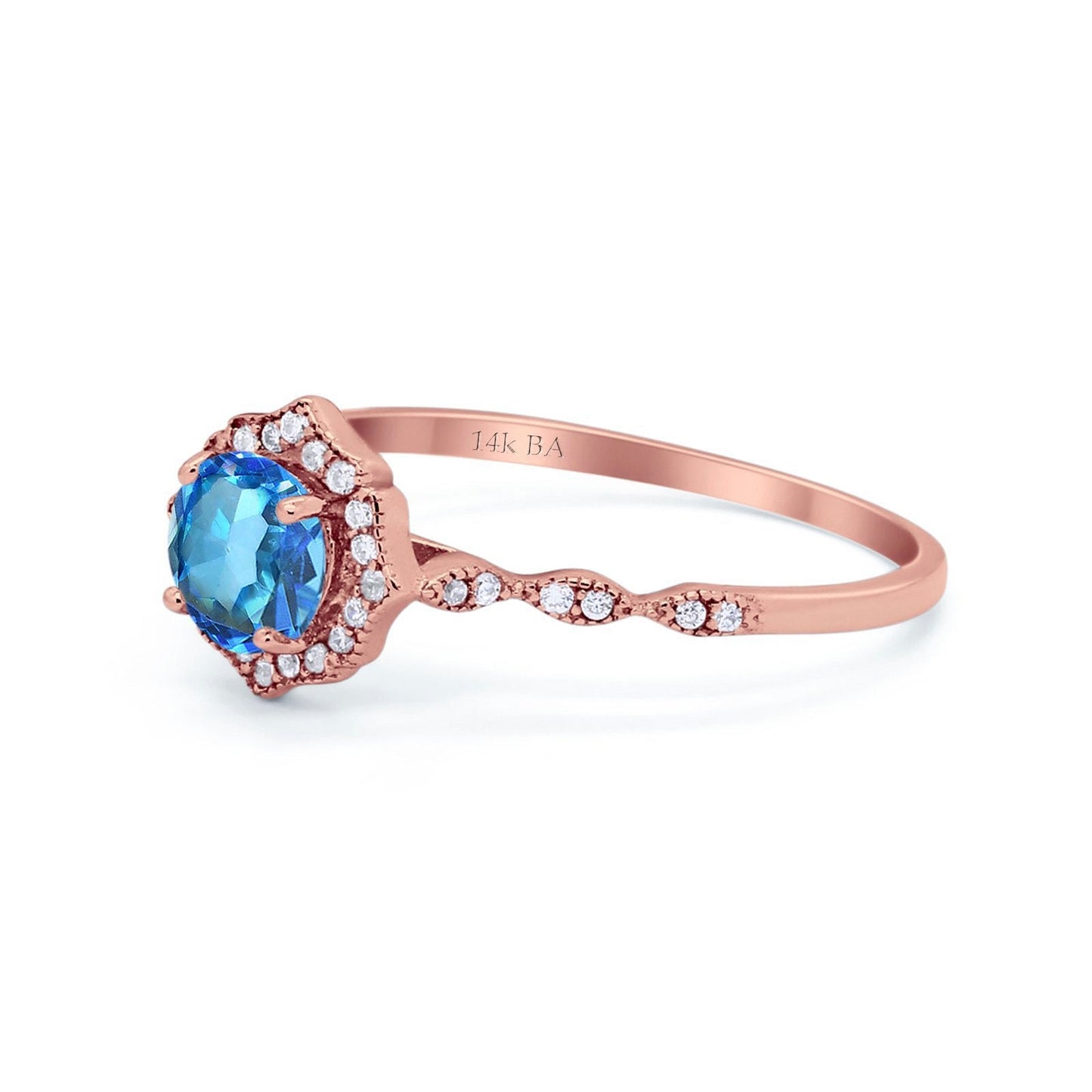 14K Rose Gold 0.99ct Round Petite Dainty 6mm G SI Natural Blue Topaz Diamond Engagement Wedding Ring Size 6.5