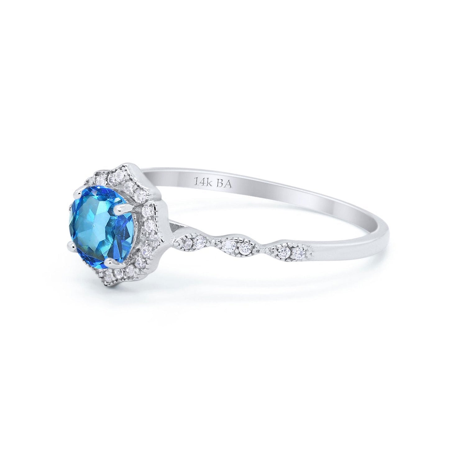 14K White Gold 0.99ct Round Petite Dainty 6mm G SI Natural Blue Topaz Diamond Engagement Wedding Ring Size 6.5