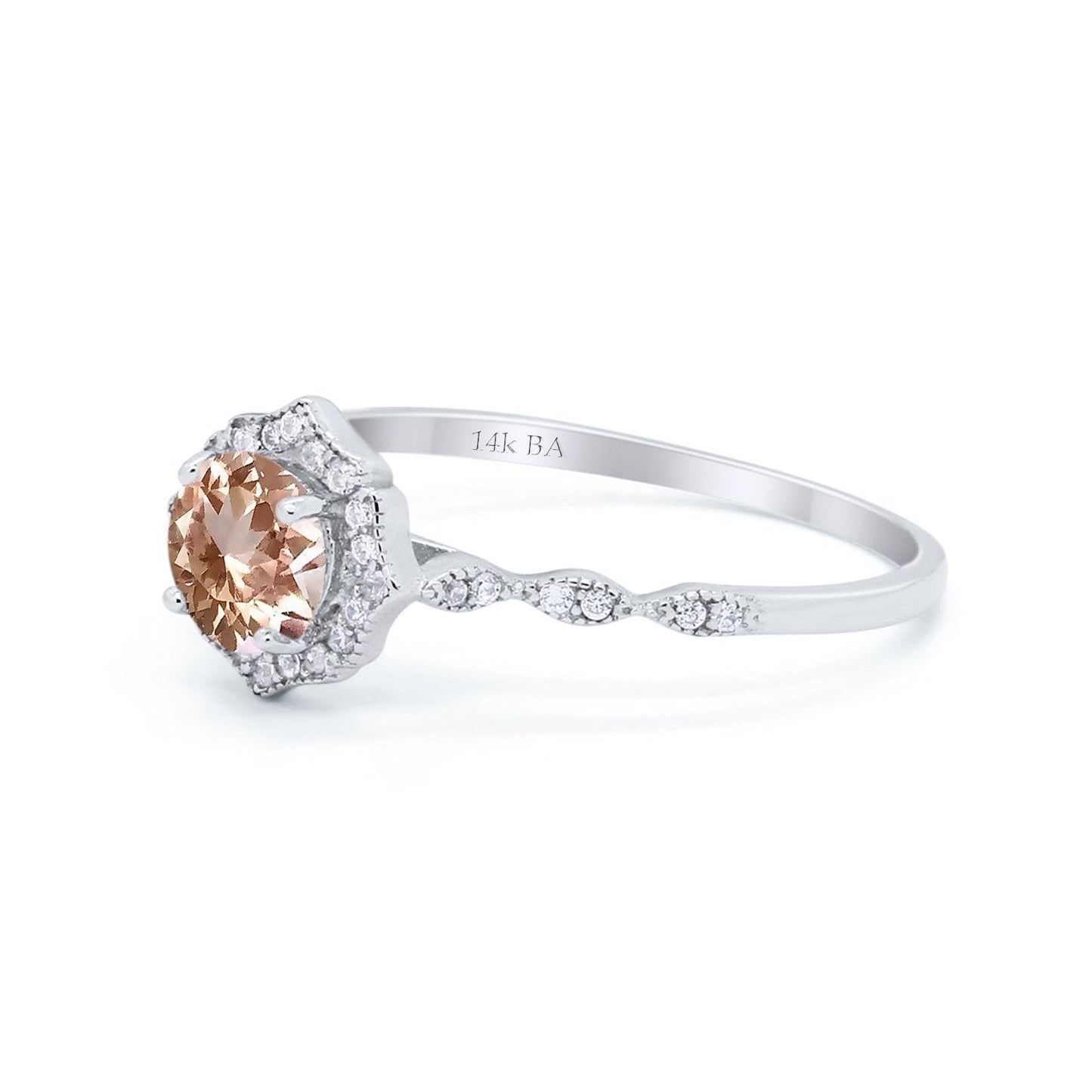 14K White Gold 0.99ct Round Petite Dainty 6mm G SI Natural Morganite Diamond Engagement Wedding Ring Size 6.5