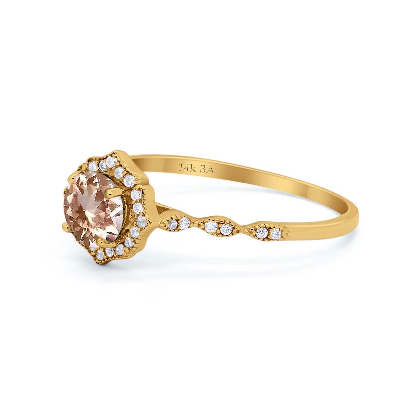 14K Yellow Gold 0.99ct Round Petite Dainty 6mm G SI Natural Morganite Diamond Engagement Wedding Ring Size 6.5