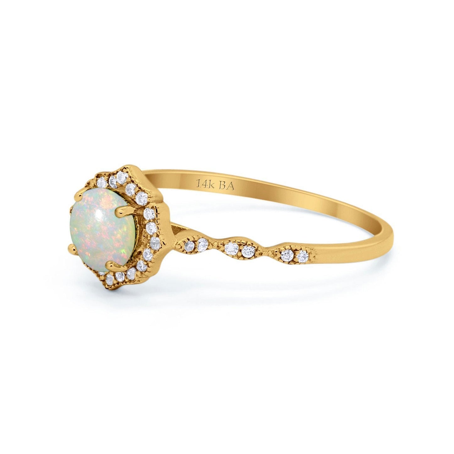 14K Yellow Gold 0.15ct Round Petite Dainty 6mm G SI Natural White Opal Diamond Engagement Wedding Ring Size 6.5