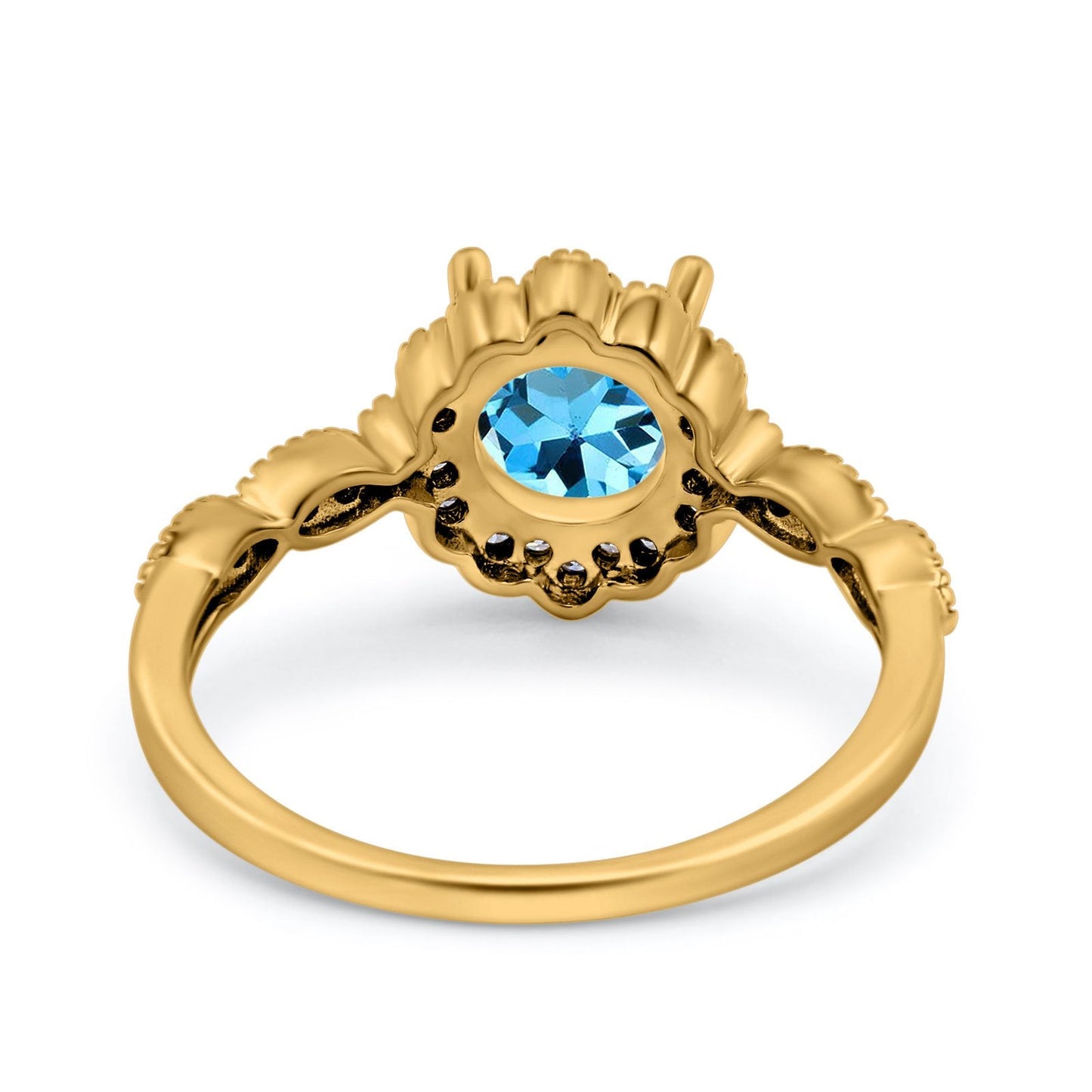 Bague de fiançailles en or jaune 14 carats avec topaze bleue suisse naturelle ronde de 1,44 ct G SI et diamant, taille 6,5