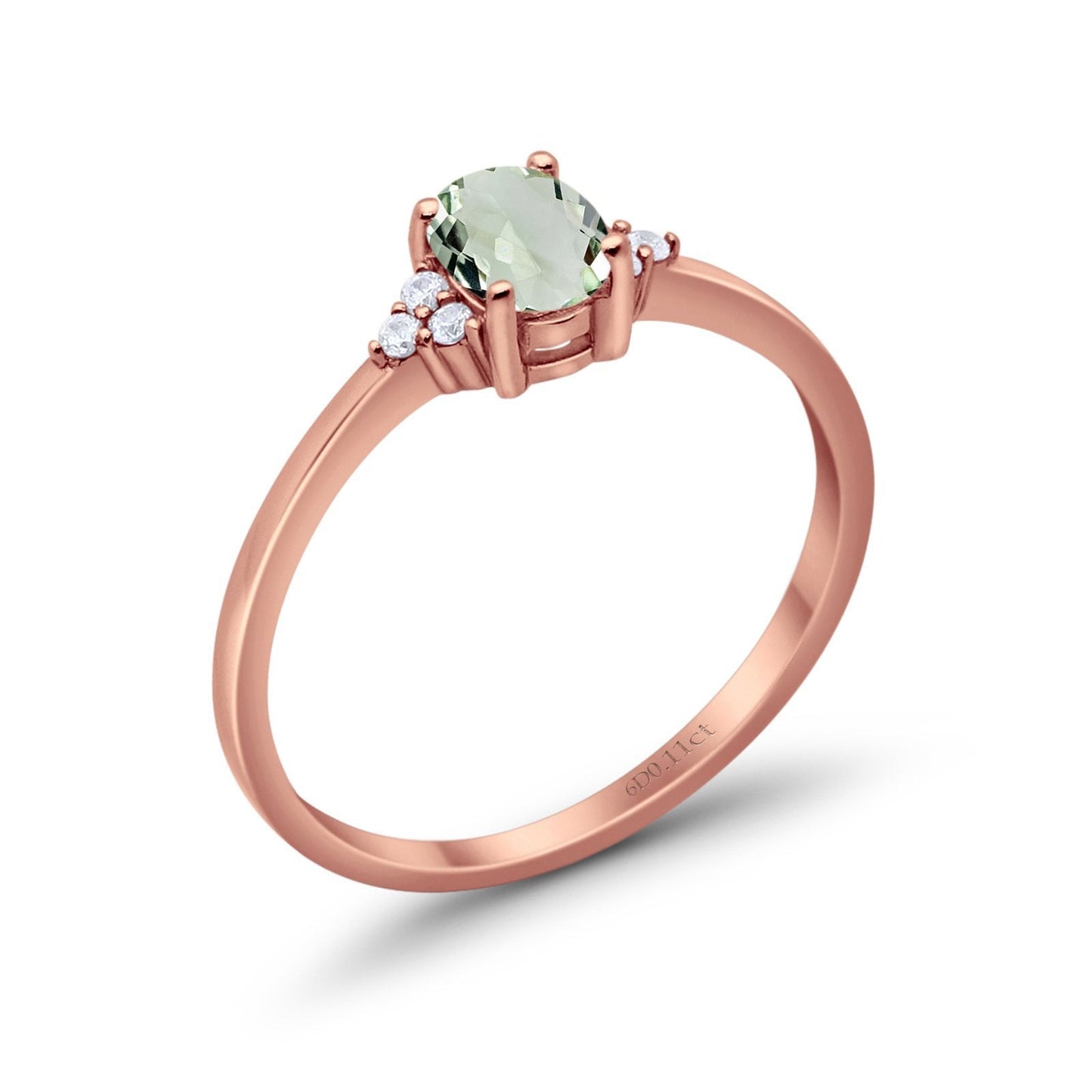 14K Rose Gold 0.87ct Art Deco Oval 7mmx5mm G SI Natural Green Amethyst Diamond Engagement Wedding Ring Size 6.5