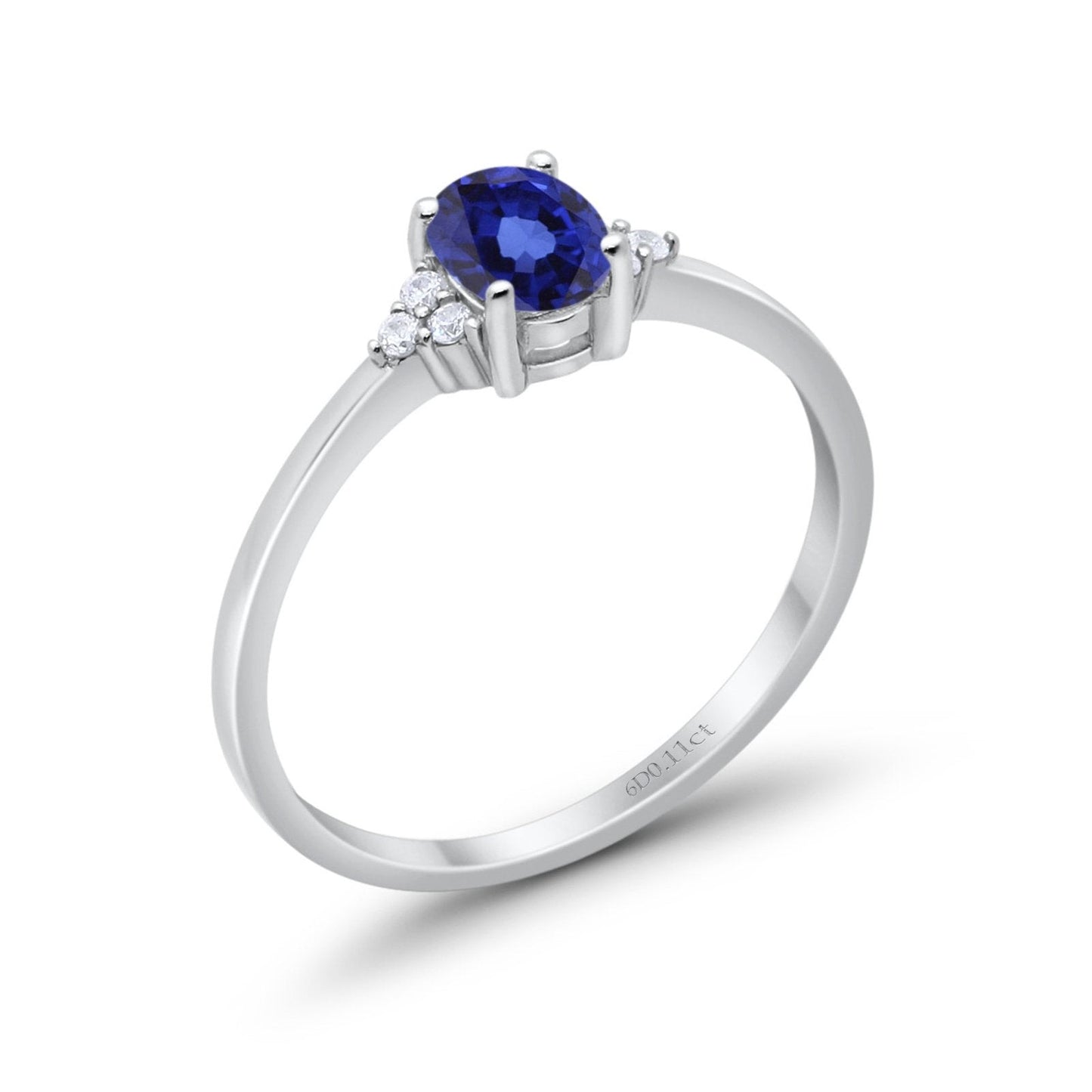 14K White Gold 0.87ct Art Deco Oval 7mmx5mm G SI Nano Blue Sapphire Diamond Engagement Wedding Ring Size 6.5