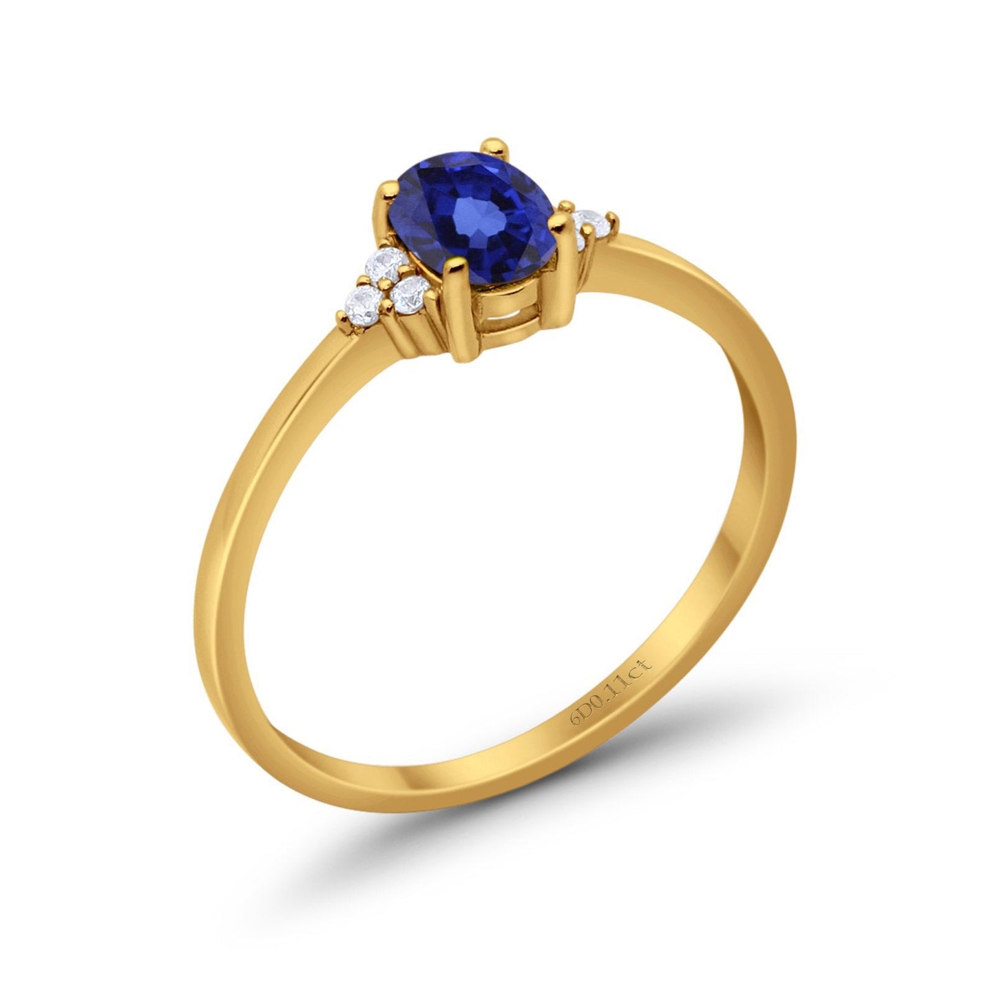 14K Yellow Gold 0.87ct Art Deco Oval 7mmx5mm G SI Nano Blue Sapphire Diamond Engagement Wedding Ring Size 6.5