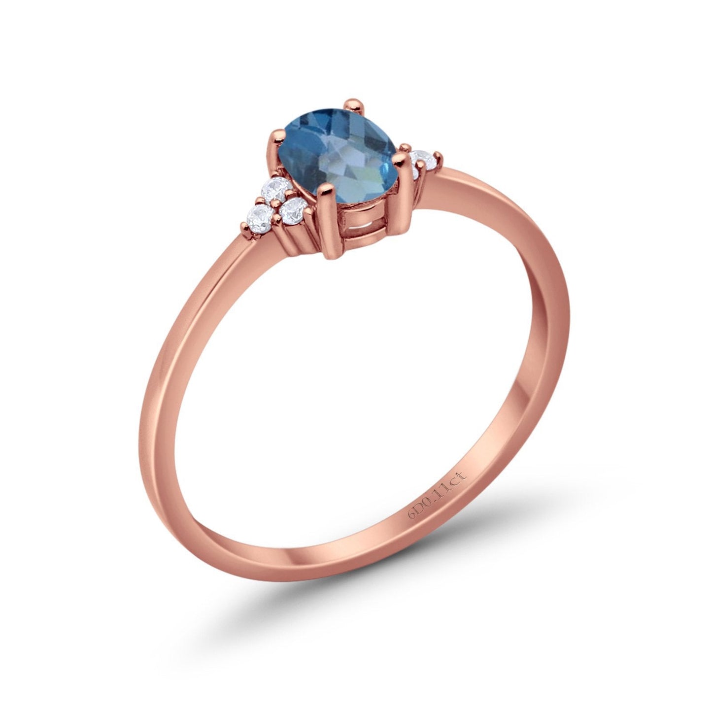 14K Rose Gold 0.87ct Art Deco Oval 7mmx5mm G SI London Blue Topaz Diamond Engagement Wedding Ring Size 6.5