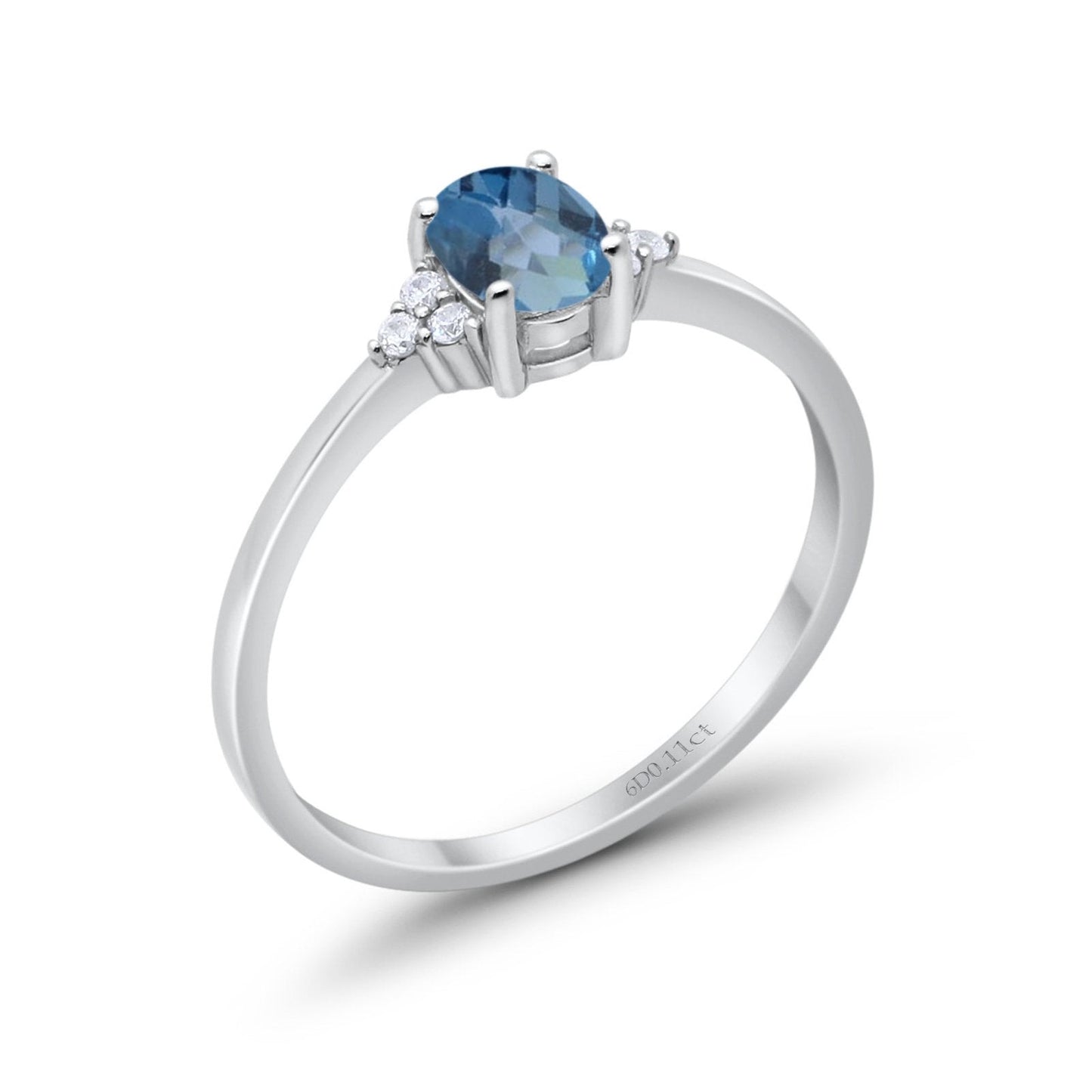 14K White Gold 0.87ct Art Deco Oval 7mmx5mm G SI London Blue Topaz Diamond Engagement Wedding Ring Size 6.5