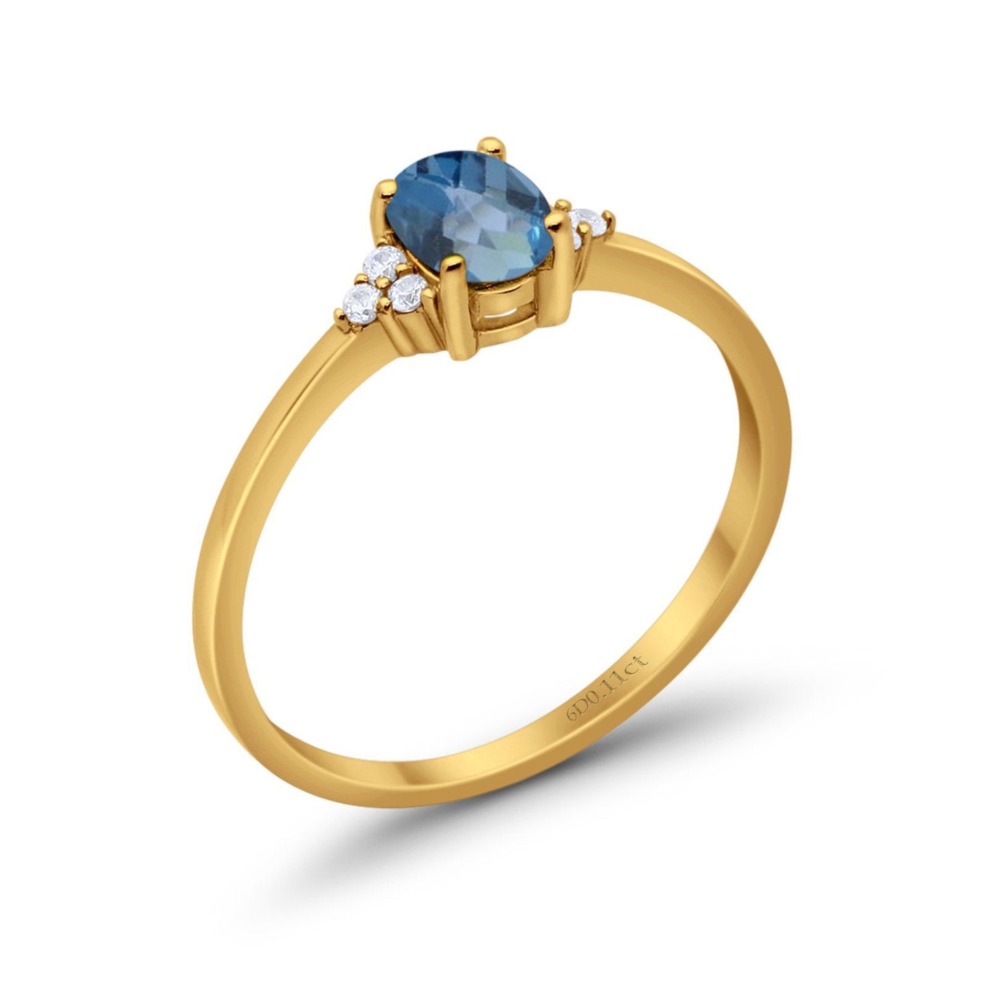 14K Yellow Gold 0.87ct Art Deco Oval 7mmx5mm G SI London Blue Topaz Diamond Engagement Wedding Ring Size 6.5