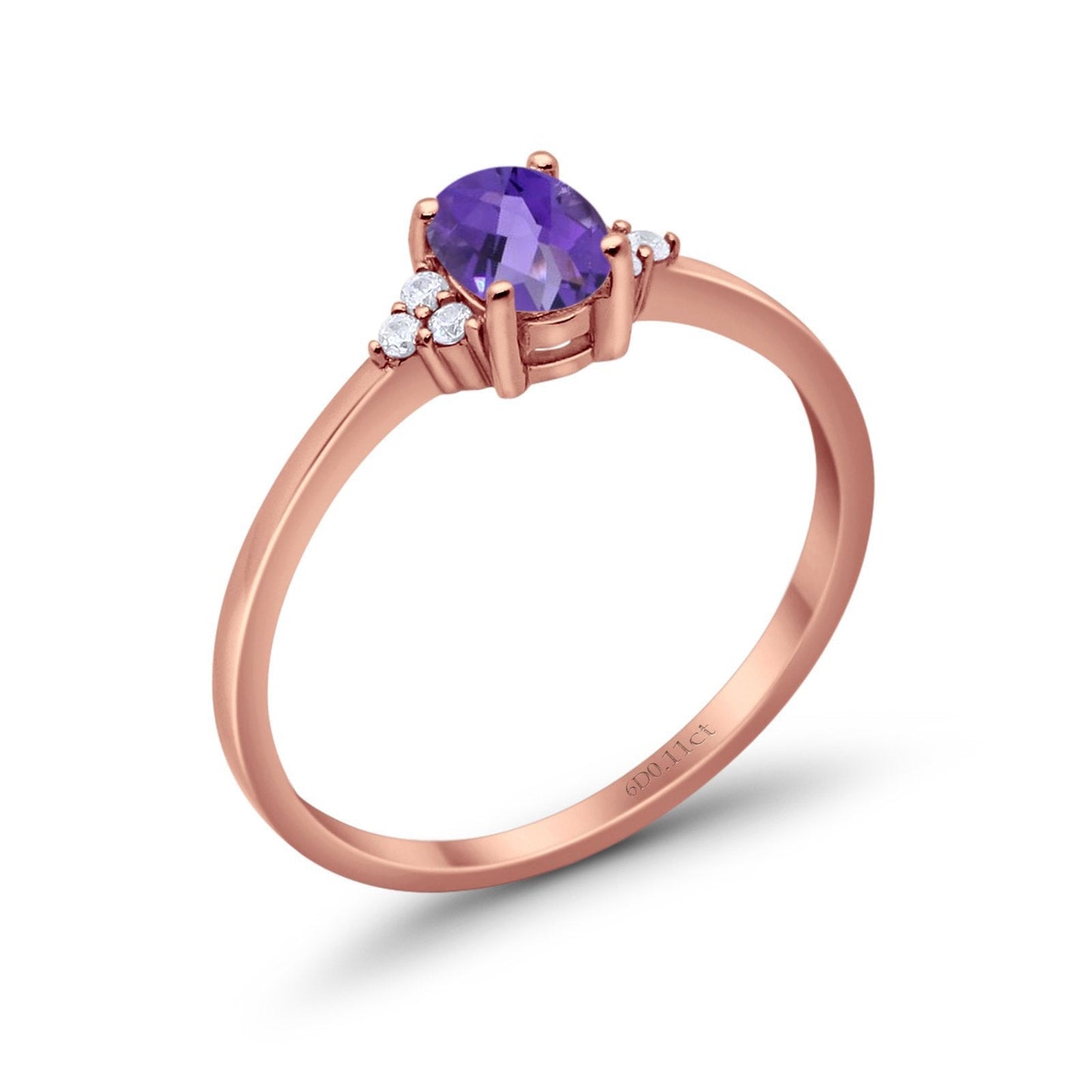 14K Rose Gold 0.87ct Art Deco Oval 7mmx5mm G SI Natural Amethyst Diamond Engagement Wedding Ring Size 6.5