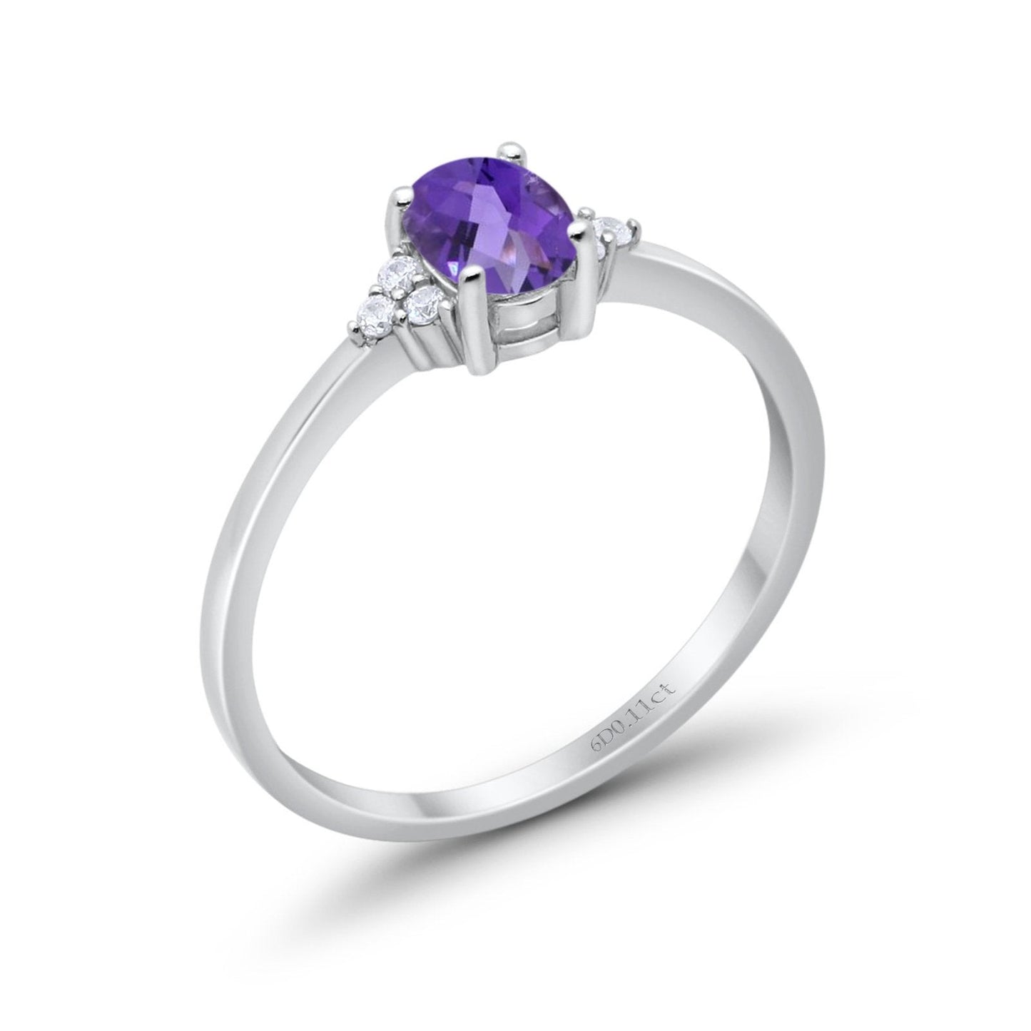 14K White Gold 0.87ct Art Deco Oval 7mmx5mm G SI Natural Amethyst Diamond Engagement Wedding Ring Size 6.5