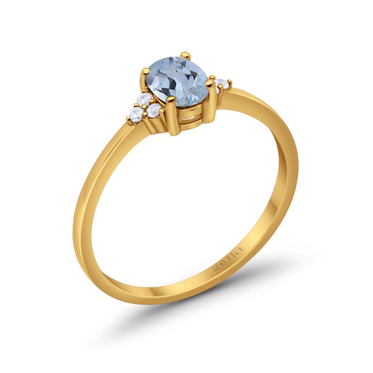 14K Yellow Gold 0.87ct Art Deco Oval 7mmx5mm G SI Natural Aquamarine Diamond Engagement Wedding Ring Size 6.5