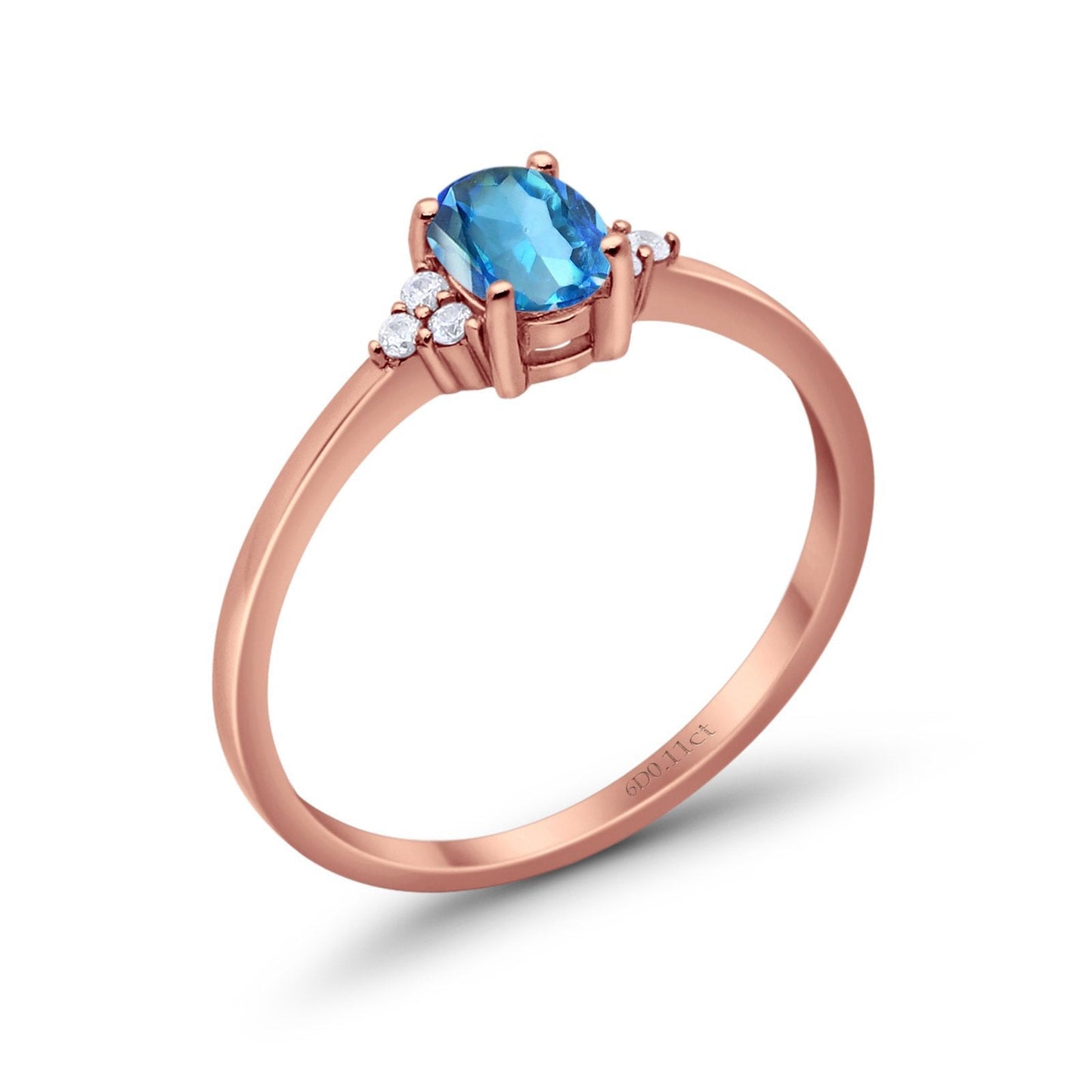 14K Rose Gold 0.87ct Art Deco Oval 7mmx5mm G SI Natural Blue Topaz Diamond Engagement Wedding Ring Size 6.5