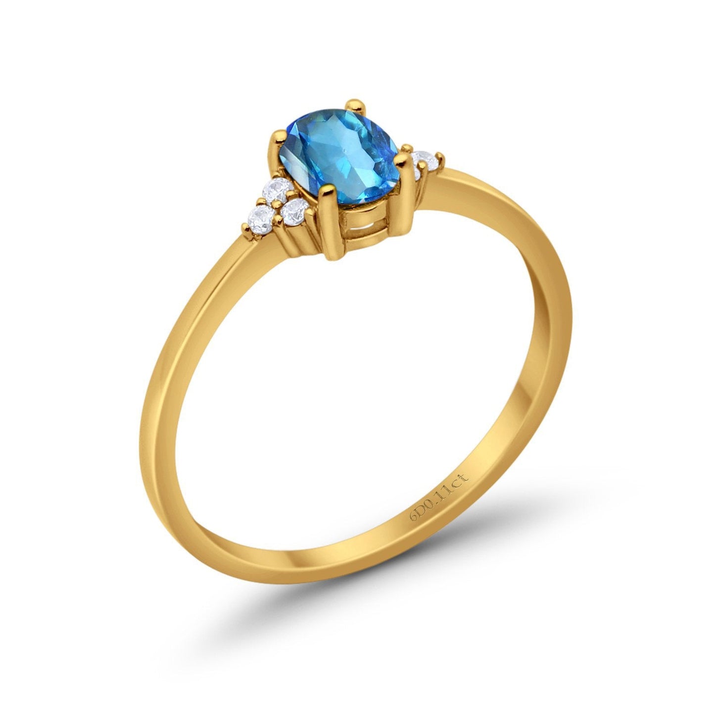 14K Yellow Gold 0.87ct Art Deco Oval 7mmx5mm G SI Natural Blue Topaz Diamond Engagement Wedding Ring Size 6.5