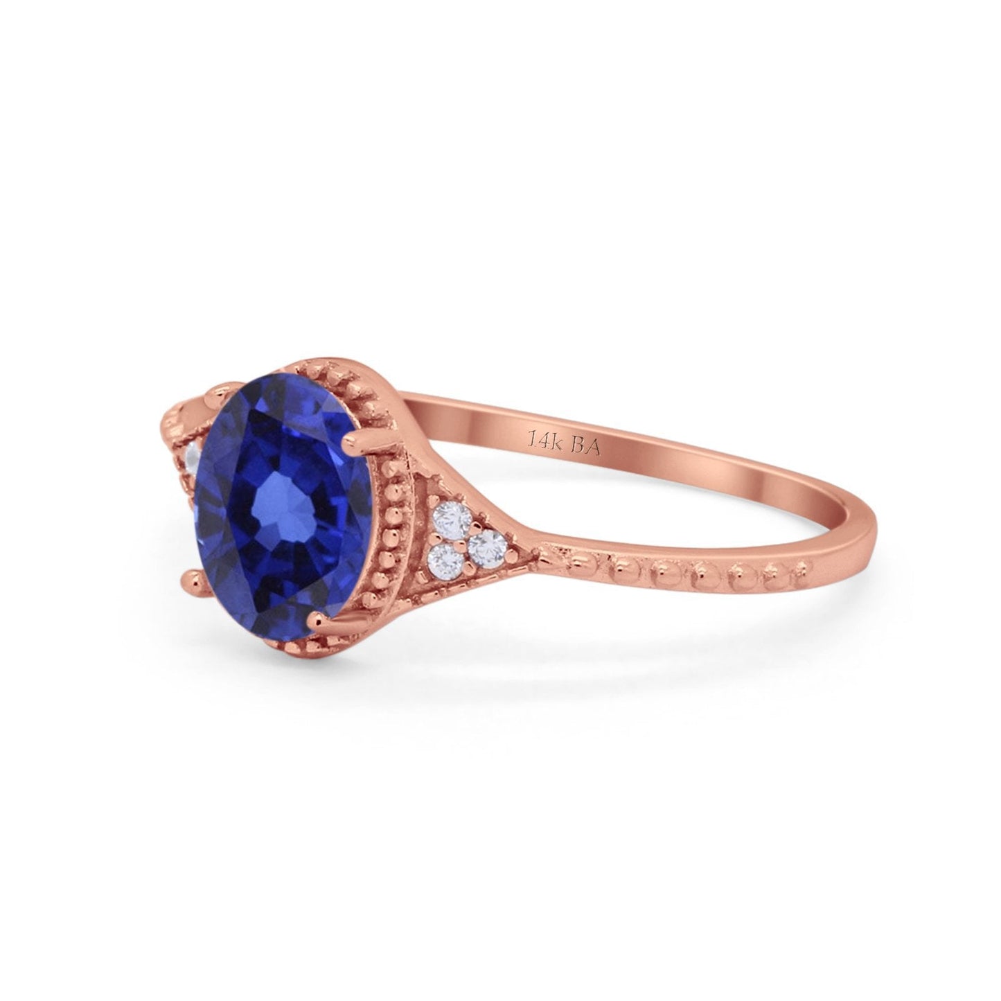 Bague de fiançailles en or rose 14 carats 1,26 ct Art déco ovale 8 mm x 6 mm G SI Lab saphir bleu diamant taille 6,5