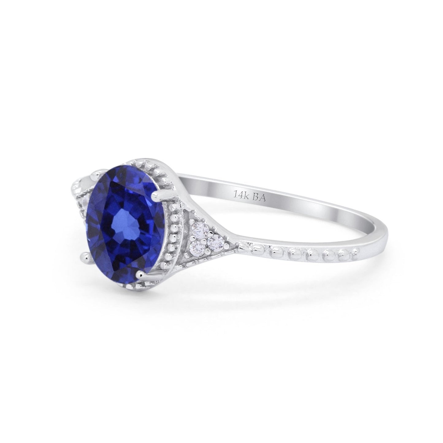 14K White Gold 1.26ct Oval Art Deco 8mmx6mm G SI Lab Blue Sapphire Diamond Engagement Wedding Ring Size 6.5