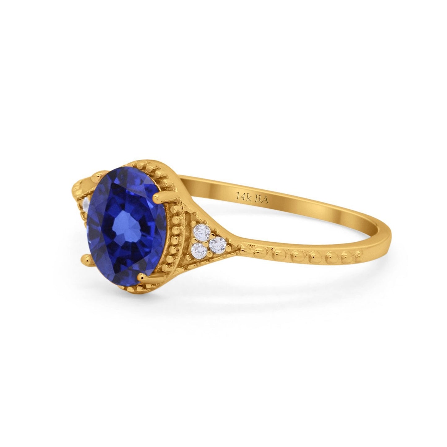 14K Yellow Gold 1.26ct Oval Art Deco 8mmx6mm G SI Lab Blue Sapphire Diamond Engagement Wedding Ring Size 6.5