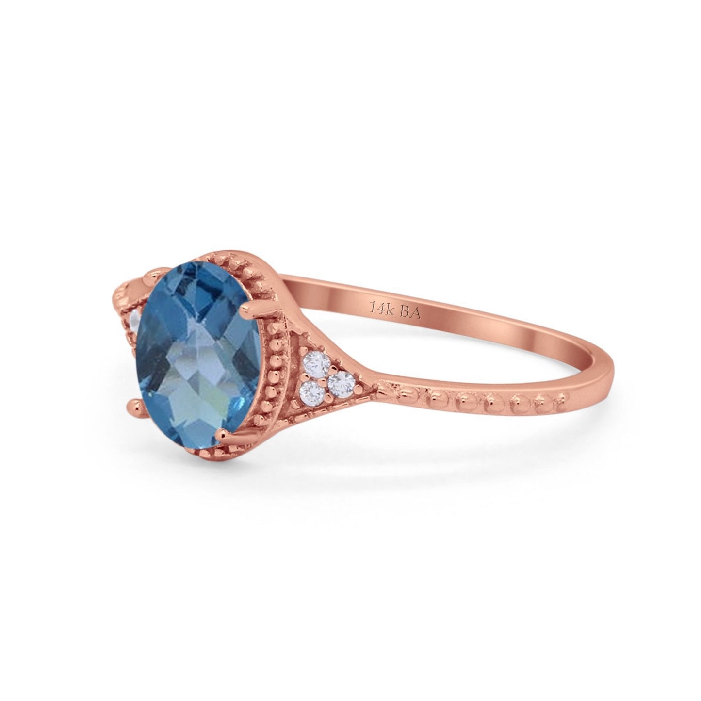 Bague de fiançailles en or rose 14 carats 1,26 ct Art déco ovale 8 mm x 6 mm G SI avec topaze bleue de Londres et diamant, taille 6,5