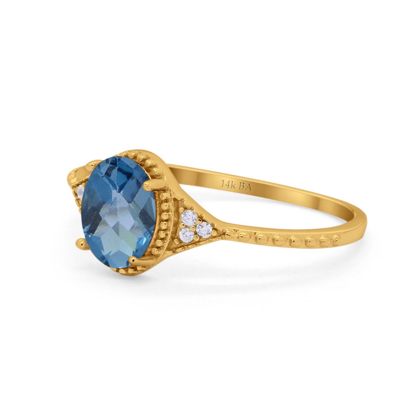 14K Yellow Gold 1.26ct Oval Art Deco 8mmx6mm G SI London Blue Topaz Diamond Engagement Wedding Ring Size 6.5