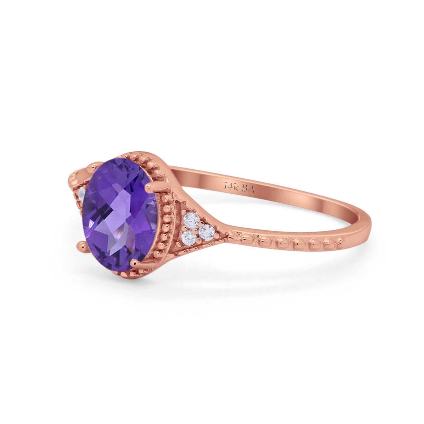 14K Rose Gold 1.26ct Oval Art Deco 8mmx6mm G SI Natural Amethyst Diamond Engagement Wedding Ring Size 6.5