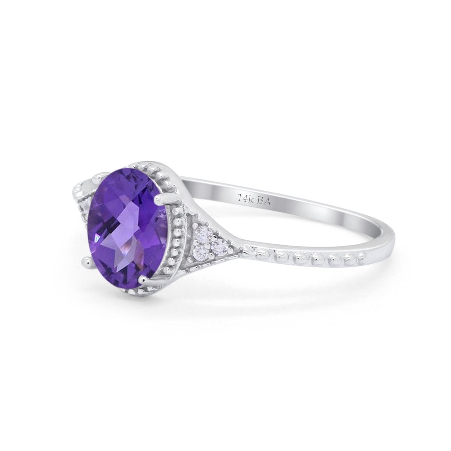 14K White Gold 1.26ct Oval Art Deco 8mmx6mm G SI Natural Amethyst Diamond Engagement Wedding Ring Size 6.5