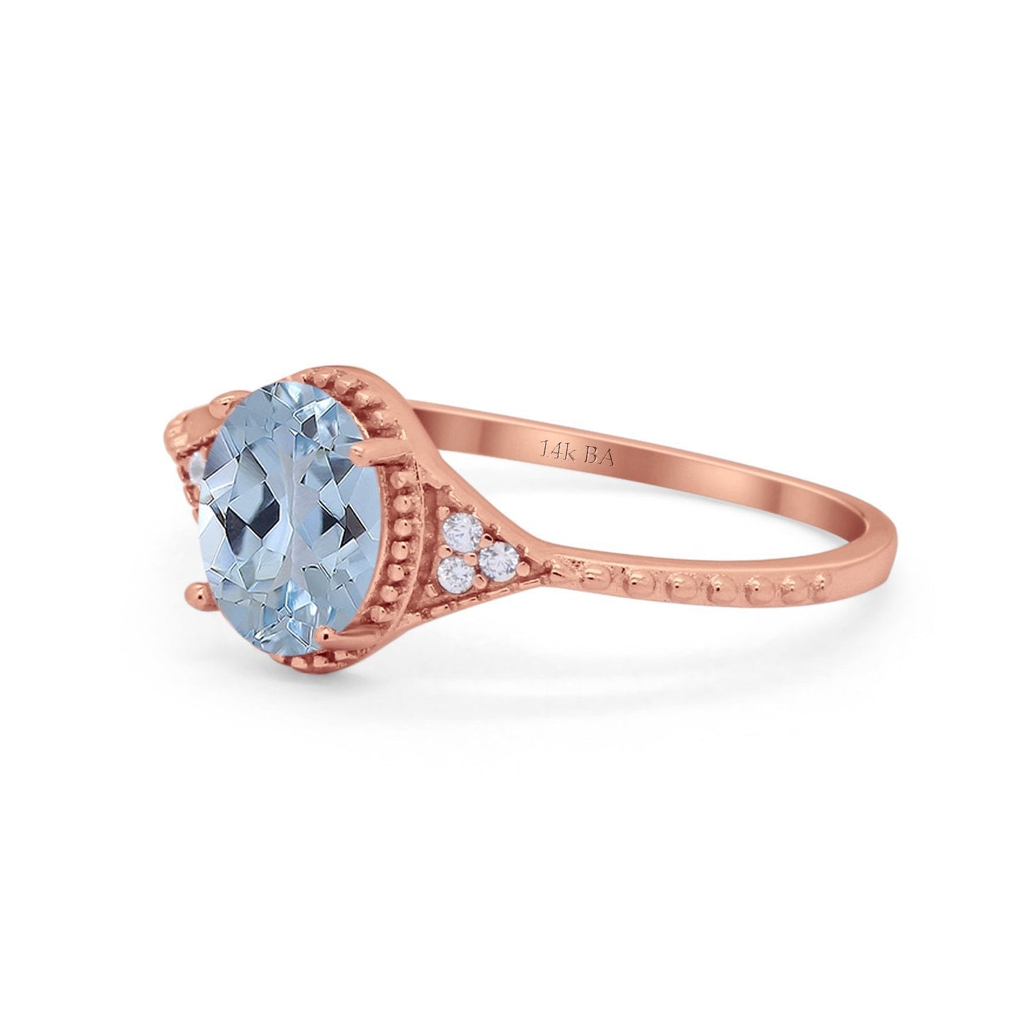 14K Rose Gold 1.26ct Oval Art Deco 8mmx6mm G SI Natural Aquamarine Diamond Engagement Wedding Ring Size 6.5