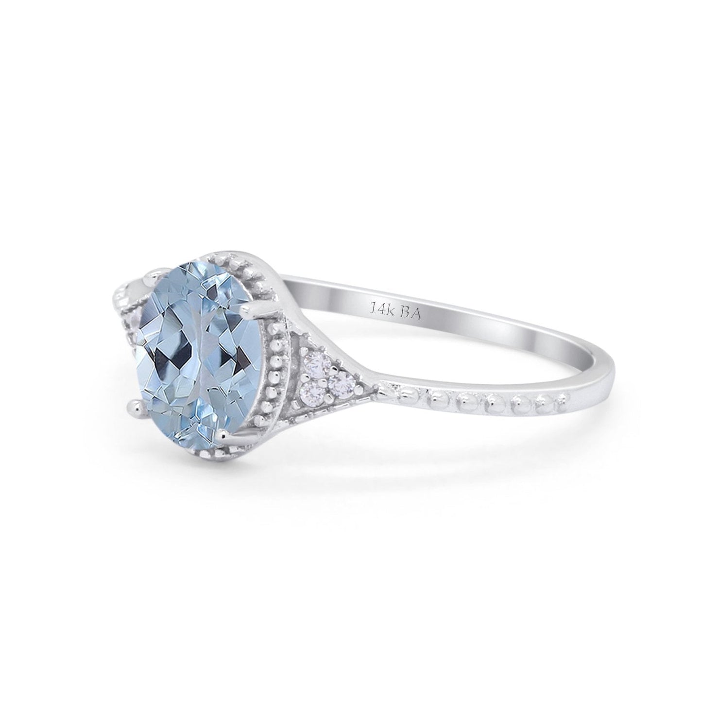 14K White Gold 1.26ct Oval Art Deco 8mmx6mm G SI Natural Aquamarine Diamond Engagement Wedding Ring Size 6.5