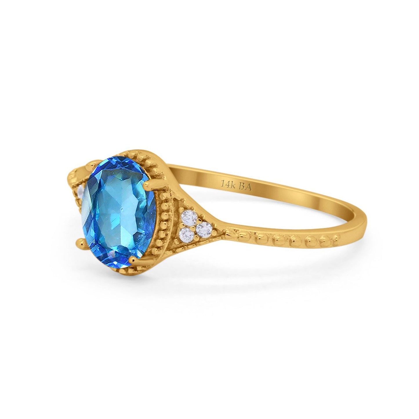 14K Yellow Gold 1.26ct Oval Art Deco 8mmx6mm G SI Natural Blue Topaz Diamond Engagement Wedding Ring Size 6.5