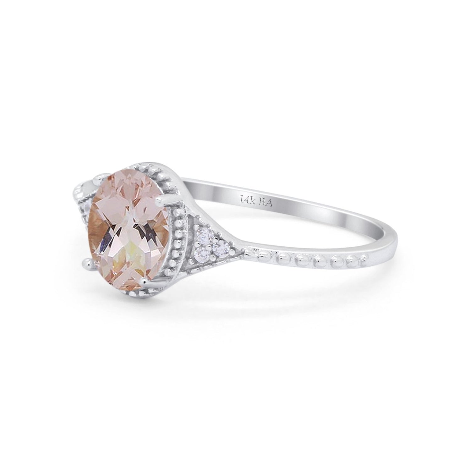 14K White Gold 1.26ct Oval Art Deco 8mmx6mm G SI Natural Morganite Diamond Engagement Wedding Ring Size 6.5