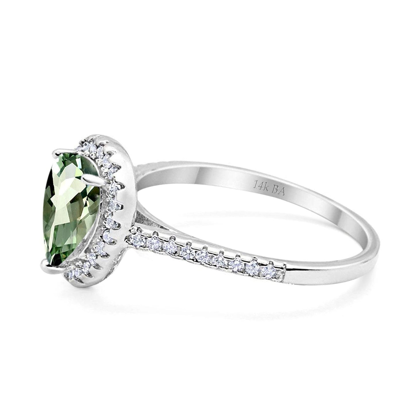 14K White Gold 1.48ct Teardrop Pear 8mmx6mm G SI Natural Green Amethyst Diamond Engagement Wedding Ring Size 6.5