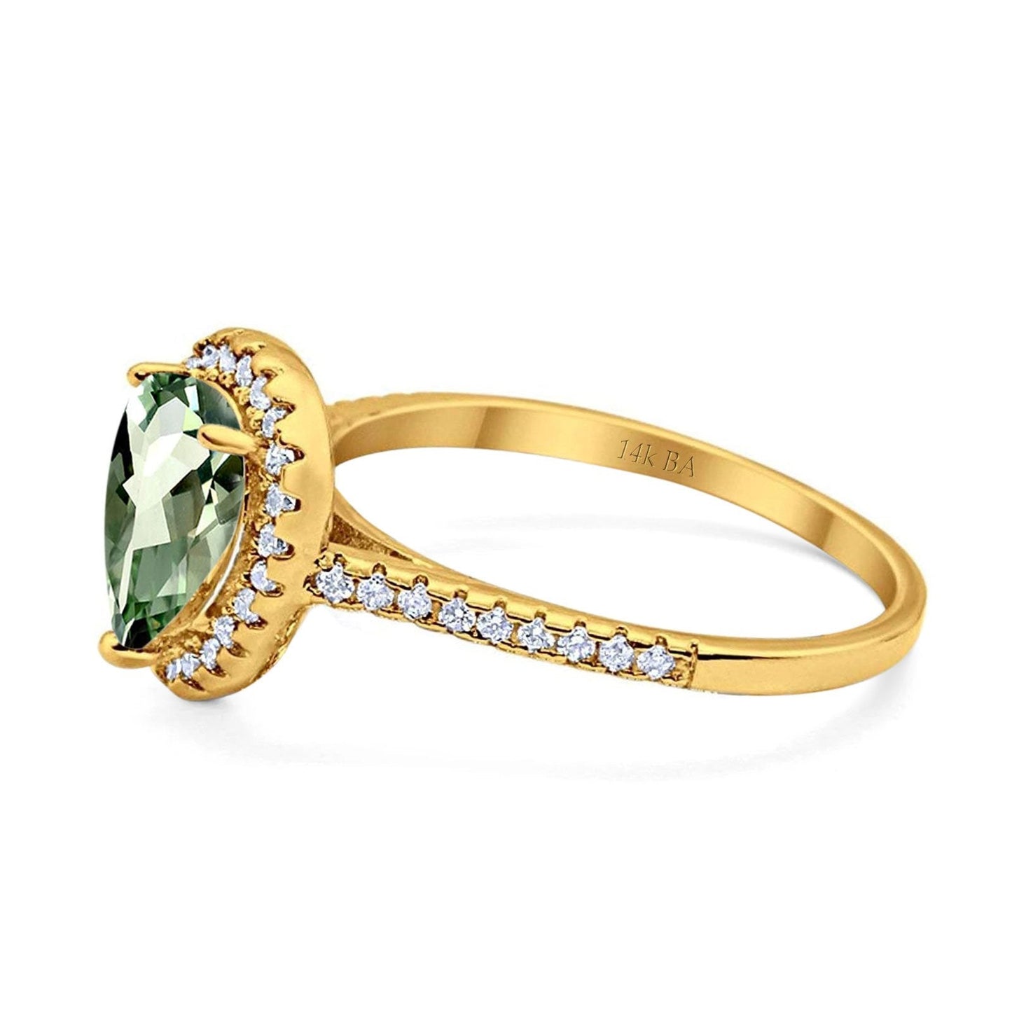 14K Yellow Gold 1.48ct Teardrop Pear 8mmx6mm G SI Natural Green Amethyst Diamond Engagement Wedding Ring Size 6.5