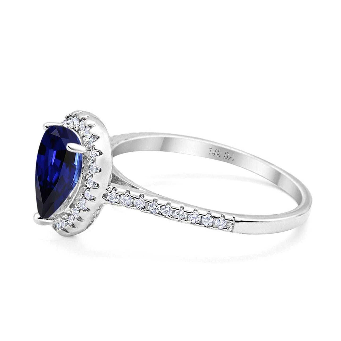 14K White Gold 1.48ct Teardrop Pear 8mmx6mm G SI Lab Blue Sapphire Diamond Engagement Wedding Ring Size 6.5