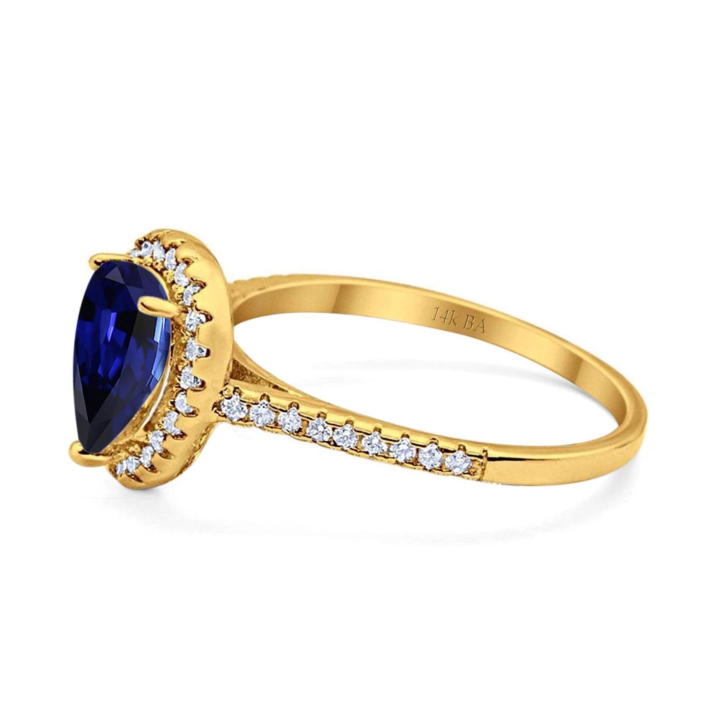 14K Yellow Gold 1.48ct Teardrop Pear 8mmx6mm G SI Lab Blue Sapphire Diamond Engagement Wedding Ring Size 6.5