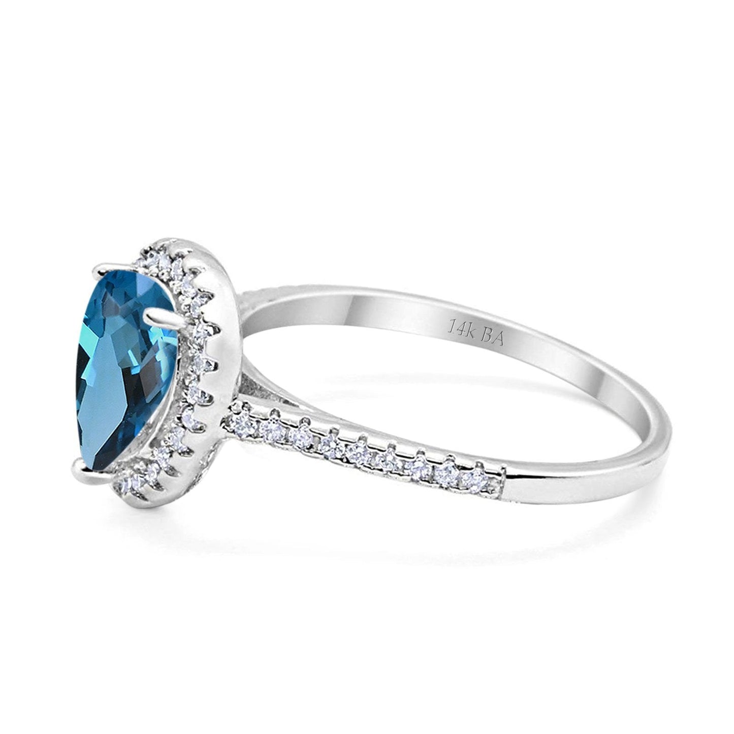 14K White Gold 1.48ct Teardrop Pear 8mmx6mm G SI London Blue Topaz Diamond Engagement Wedding Ring Size 6.5