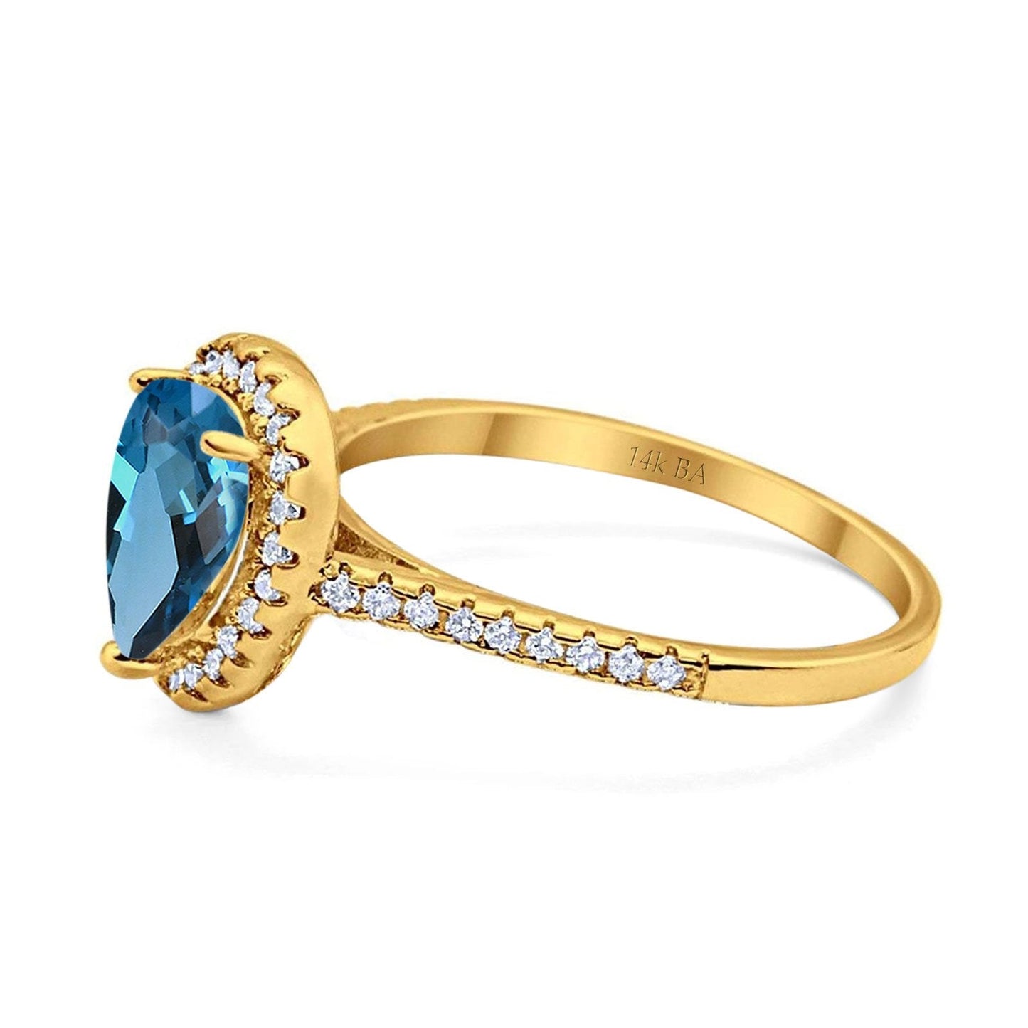 14K Yellow Gold 1.48ct Teardrop Pear 8mmx6mm G SI London Blue Topaz Diamond Engagement Wedding Ring Size 6.5