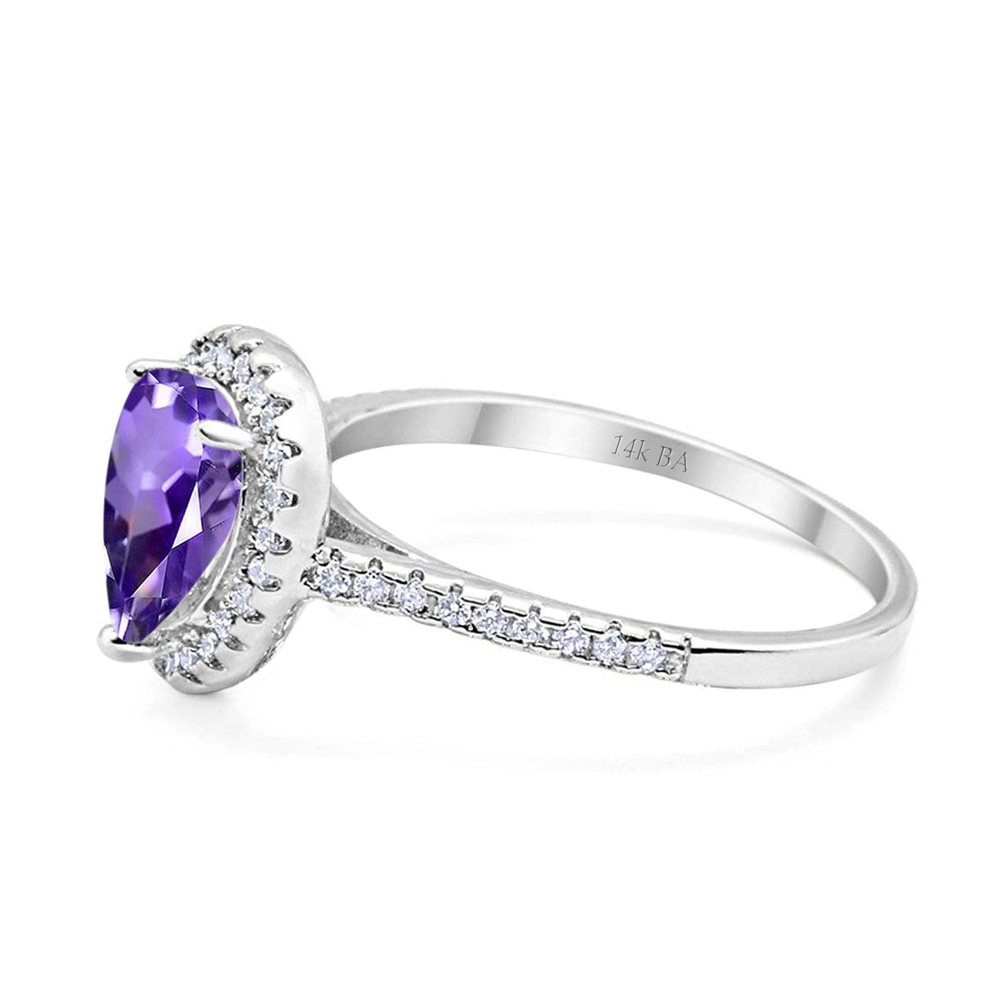 14K White Gold 1.48ct Teardrop Pear 8mmx6mm G SI Natural Amethyst Diamond Engagement Wedding Ring Size 6.5