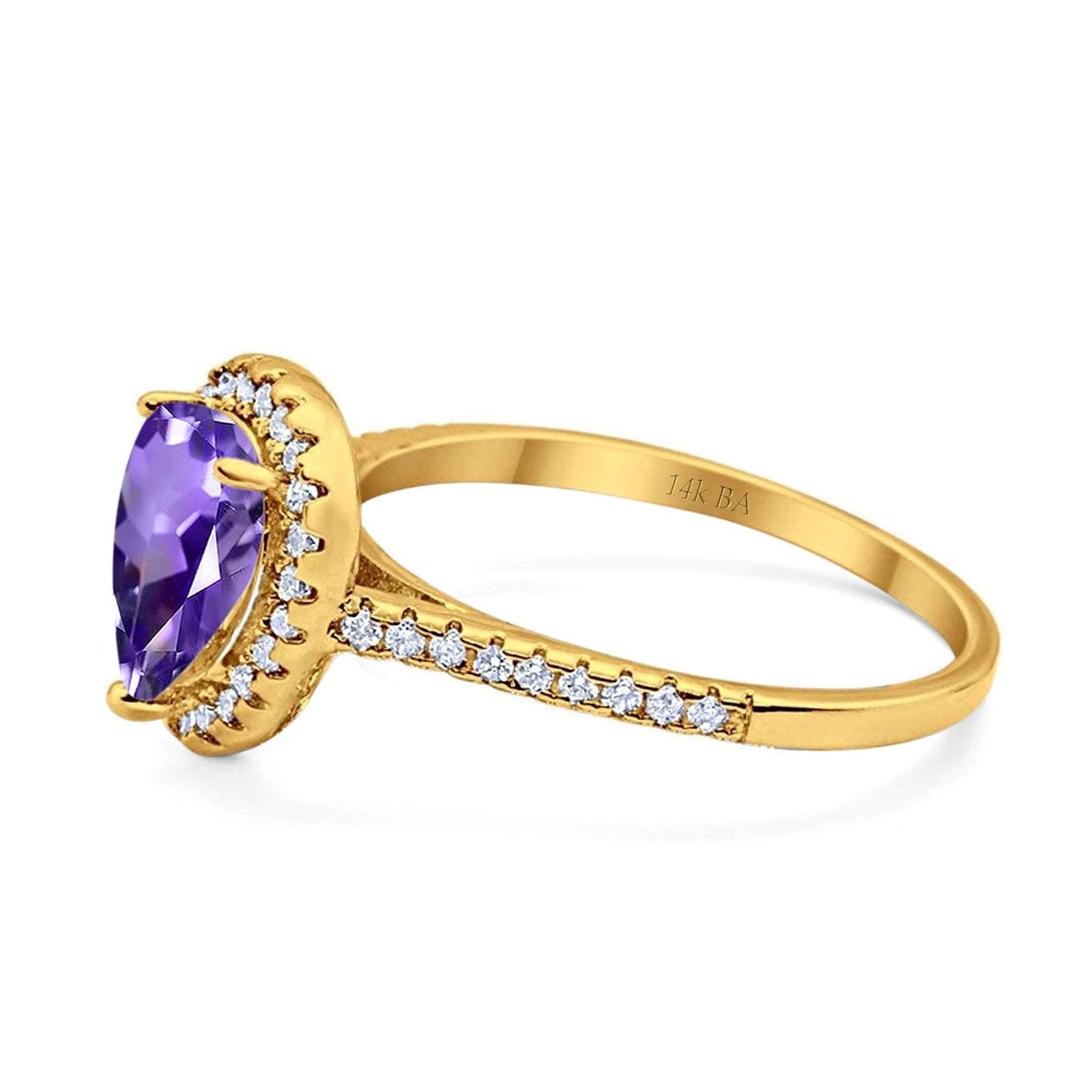 14K Yellow Gold 1.48ct Teardrop Pear 8mmx6mm G SI Natural Amethyst Diamond Engagement Wedding Ring Size 6.5