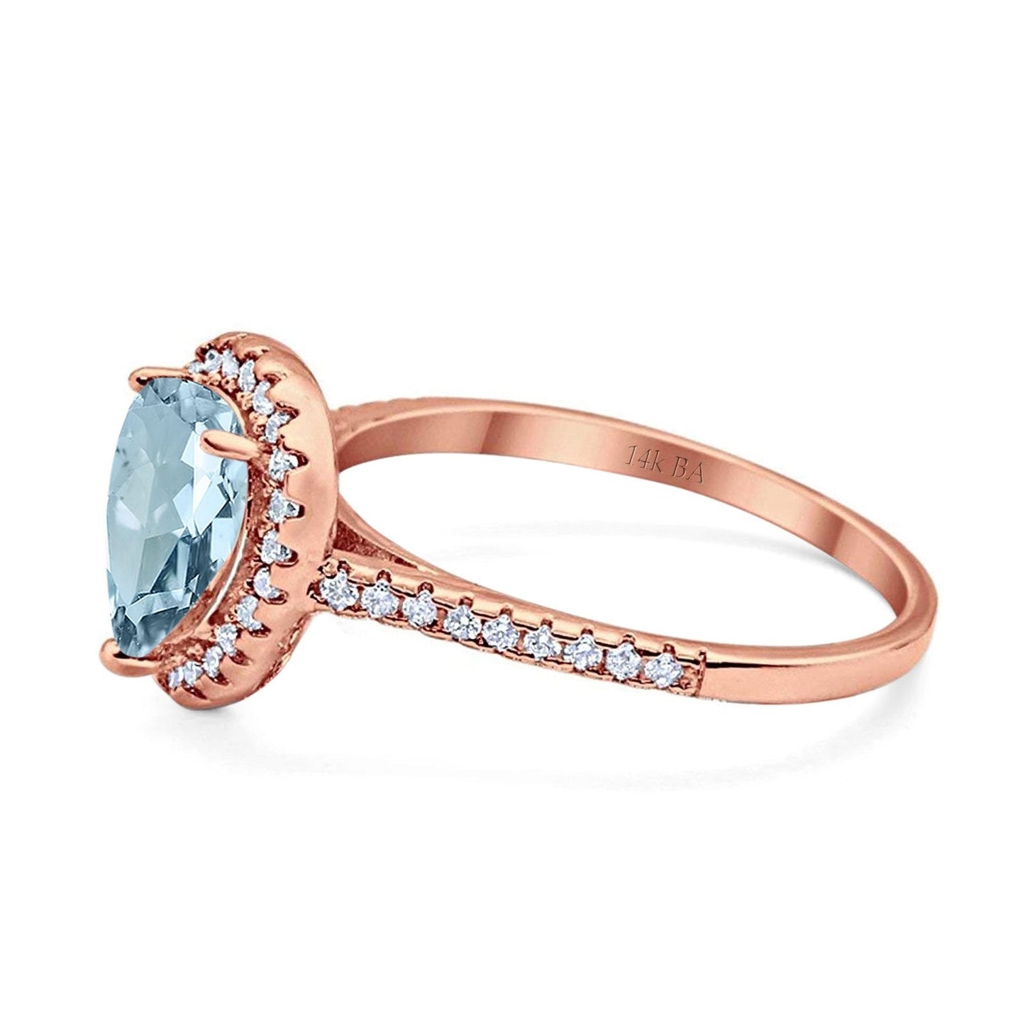 14K Rose Gold 1.48ct Teardrop Pear 8mmx6mm G SI Natural Aquamarine Diamond Engagement Wedding Ring Size 6.5