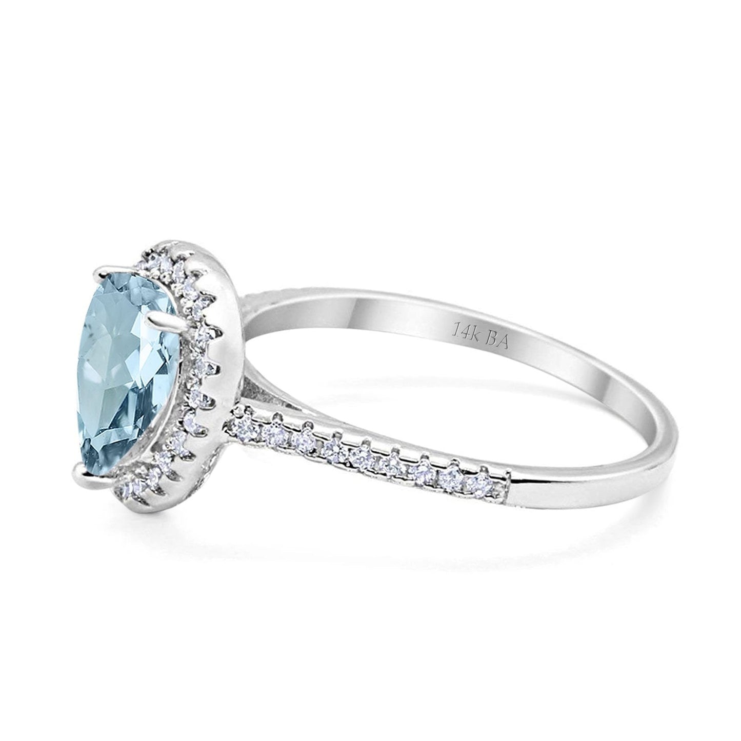 14K White Gold 1.48ct Teardrop Pear 8mmx6mm G SI Natural Aquamarine Diamond Engagement Wedding Ring Size 6.5