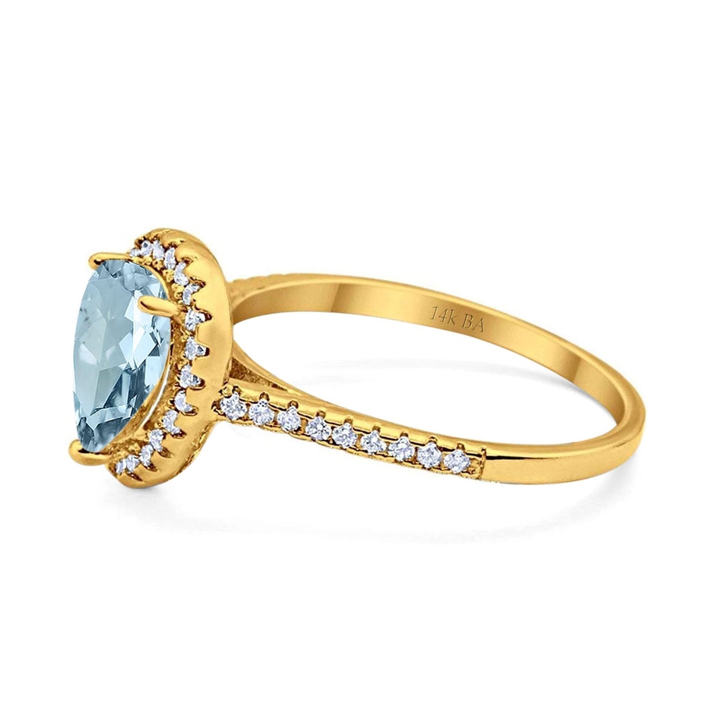 14K Yellow Gold 1.48ct Teardrop Pear 8mmx6mm G SI Natural Aquamarine Diamond Engagement Wedding Ring Size 6.5