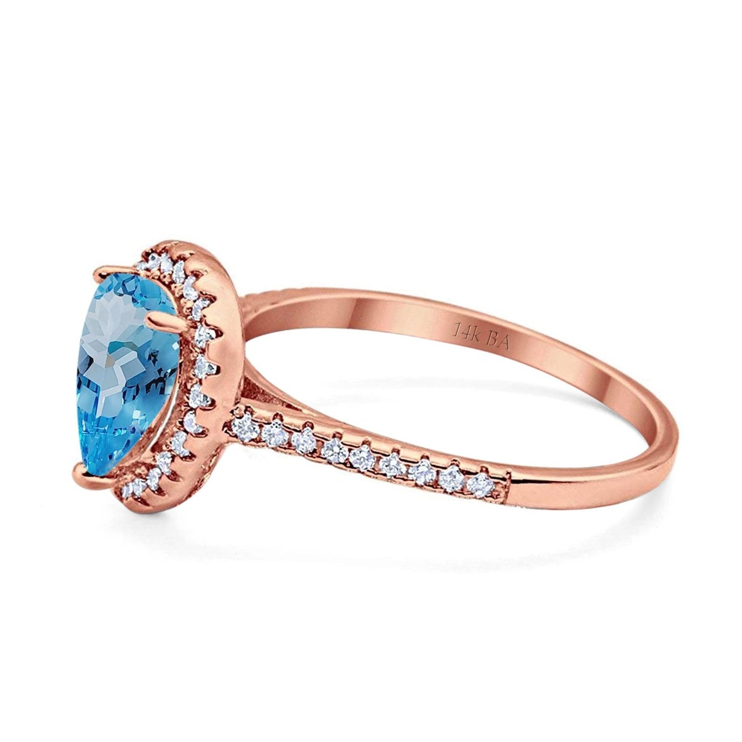 14K Rose Gold 1.48ct Teardrop Pear 8mmx6mm G SI Natural Blue Topaz Diamond Engagement Wedding Ring Size 6.5