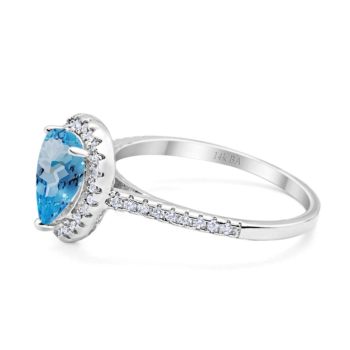 14K White Gold 1.48ct Teardrop Pear 8mmx6mm G SI Natural Blue Topaz Diamond Engagement Wedding Ring Size 6.5