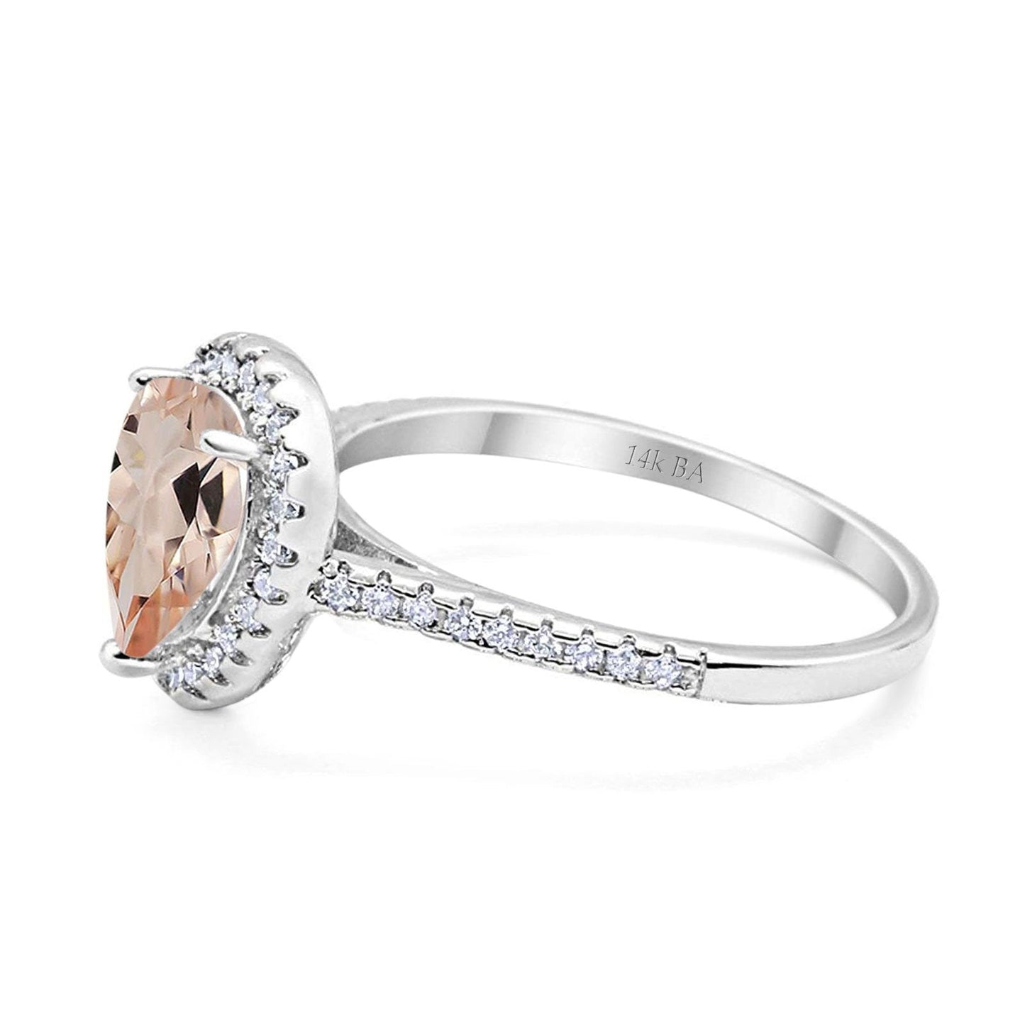 14K White Gold 1.48ct Teardrop Pear 8mmx6mm G SI Natural Morganite Diamond Engagement Wedding Ring Size 6.5