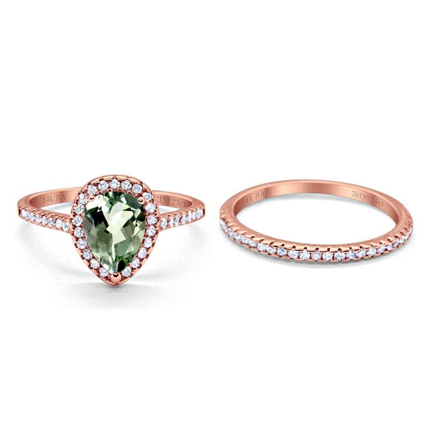 14K Rose Gold 1.62ct Pear 8mmx6mm G SI Natural Green Amethyst Diamond Bridal Engagement Wedding Ring Size 6.5