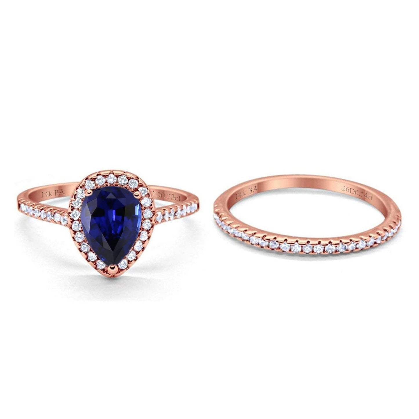 14K Rose Gold 1.62ct Pear 8mmx6mm G SI Nano Blue Sapphire Diamond Bridal Engagement Wedding Ring Size 6.5