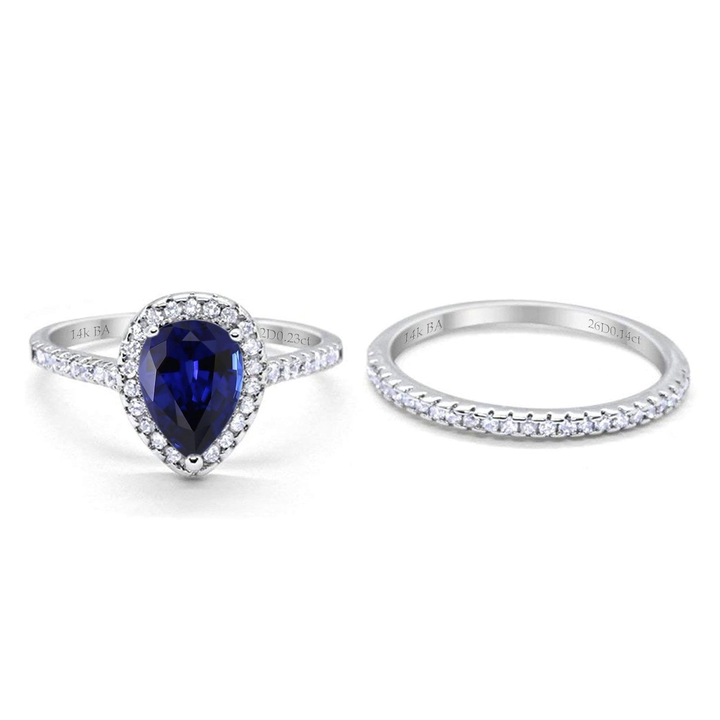 14K White Gold 1.62ct Pear 8mmx6mm G SI Nano Blue Sapphire Diamond Bridal Engagement Wedding Ring Size 6.5